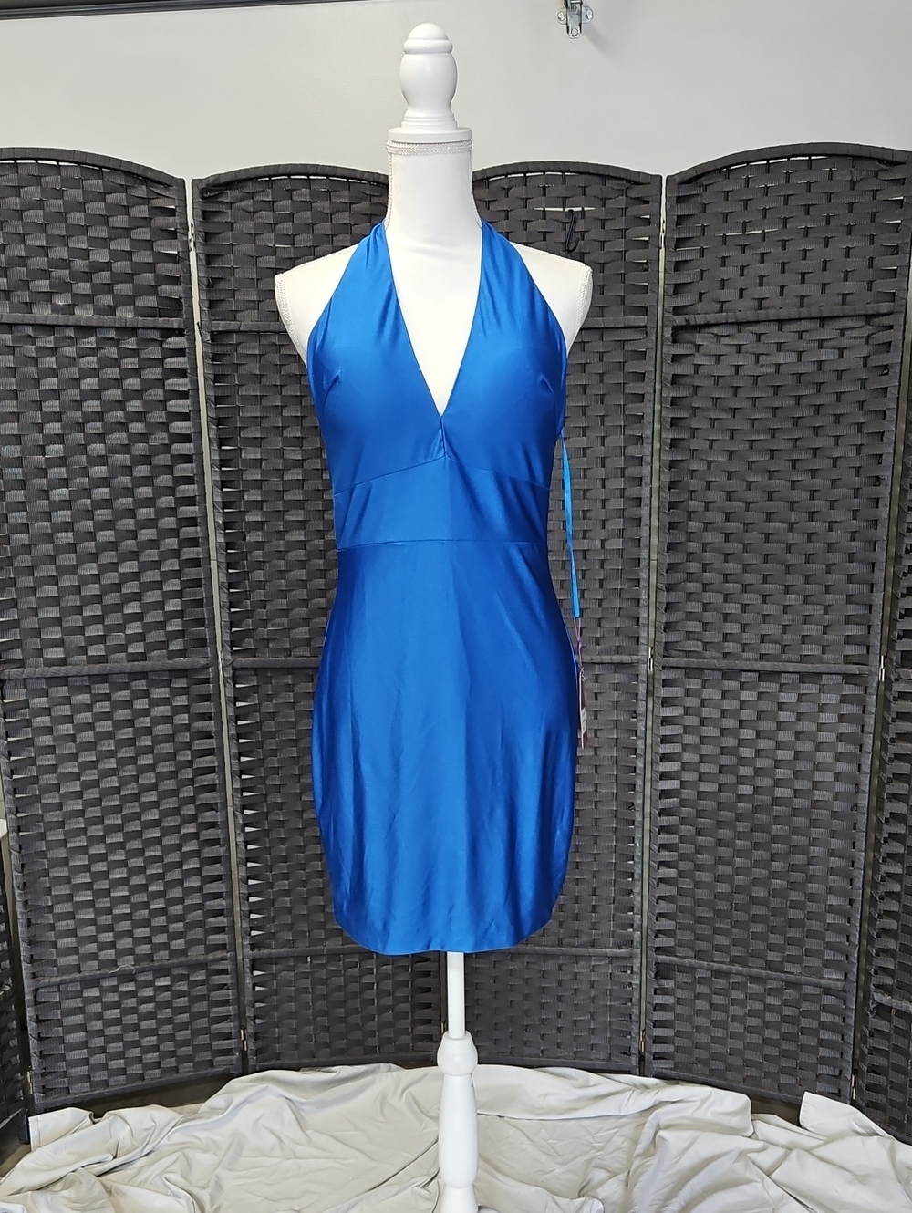 Size 10 royal blue halter neck plung neck fitted stretch satin dress Abby Paris